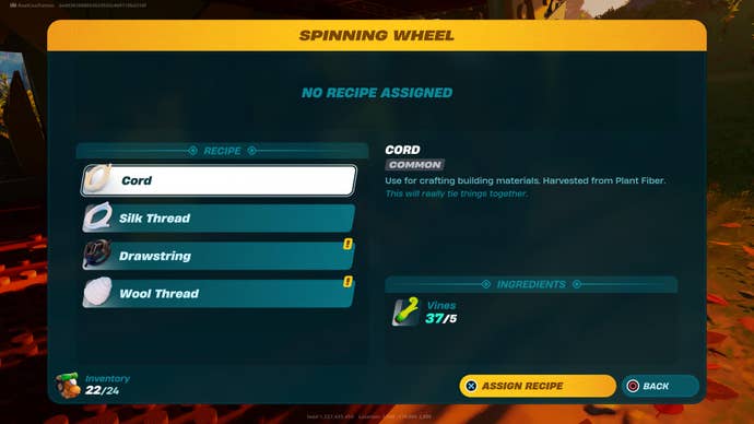 The spinning wheel menu in LEGO Fortnite showing Cord, Silk and Drawstring