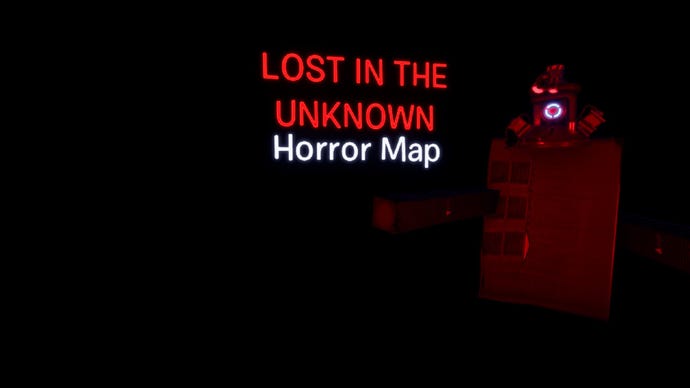 A very dark room with a red light to one side revealing some machinery. Text reads Lost in the Unknown Horror Map.