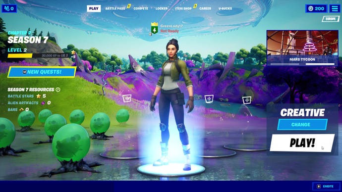 Fortnite Season 7's landing screen, featuring a default skin character and the game options for Creative Mode.