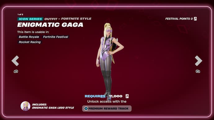 Lady Gaga dans le style Fortnite portant une tenue de pop star debout sur un fond rouge.
