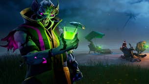 Fortnite haunted furniture: A green goblin with red eyes and pointy ears is holding a cup with neon green liquid inside
