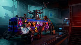 A screenshot of Fortnite Impostors showing a blue battle bus in a garage looking in need of repairs.