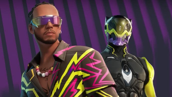 A promotional image showing Lewis Hamilton's Fortnite pores and skin and superhero-fancy alternative outfit.