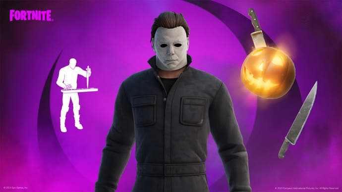 Oyun içi Cadılar Bayramı karakter modelinden Michael Myers'ı gösteren Fortnite çizimi.