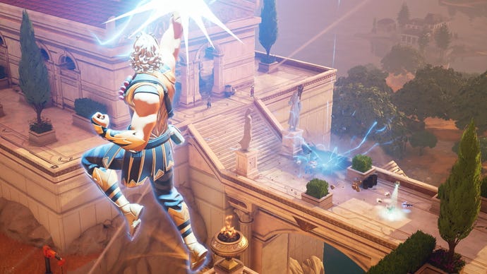 Zeus springt in die Luft, um Feinde in Fortnites Kapitel 5, Staffel 2: Mythen und Sterbliche mit Blitzen zu treffen