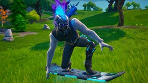 fortnite og flame hair character crouching on hoverboard over grass