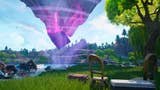 Fortnite OG, official Epic Games artwork of a massive dark purple crystal floating above loot lake, with lots of loot items scattered around.