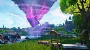 Fortnite OG, official Epic Games artwork of a massive dark purple crystal floating above loot lake, with lots of loot items scattered around.