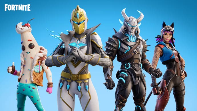 Battle pass outfits from Fortnite OG, including a remixed Peely the banana, a knight and a techno viking.