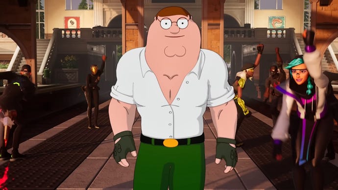 Fortnite Peter Griffin - A buff version of the animated character Peter Griffin is walking down a carpeted hallway.