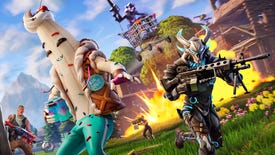 Characters including Peely and someone riding a shopping cart in artwork for Fortnite's Season OG