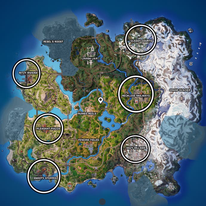 Fortnite sewer pipe locations circled on map