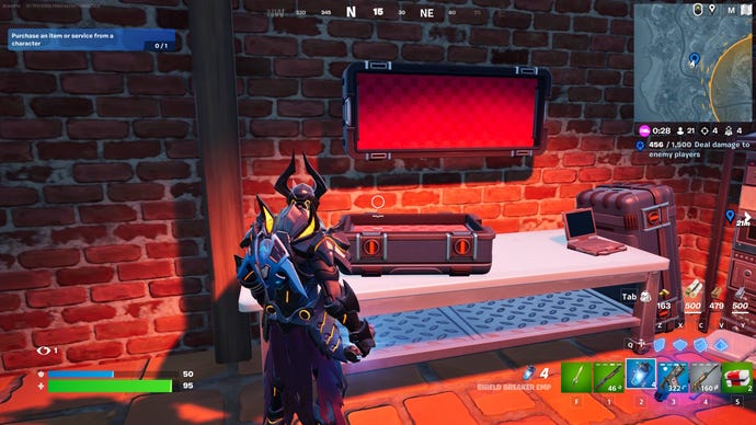 Fortnite weapon cases: A man wearing pointy black armor is standing in a brick-walled room in front of several black cases. The cases are open, revealing red velvet lining inside.