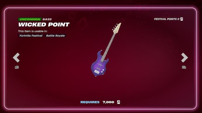 Une guitare basse violette appelée wicked point se trouve sur un fond rouge profond.