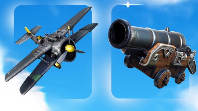 Fortnite, illustration officielle d'Epic Games - de gauche à droite, le biplan X-4 Stormwing et un canon pirate rustique.