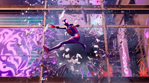 Spider-Man smashing through a building window