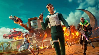 A Fortnite promotional image showing a young man walking away from a mansion and pushing a button on a device as the mansion blows up behind him. A variety of other characters are racing away from the mansion as a number of masked people with guns and rifles shoot after them.