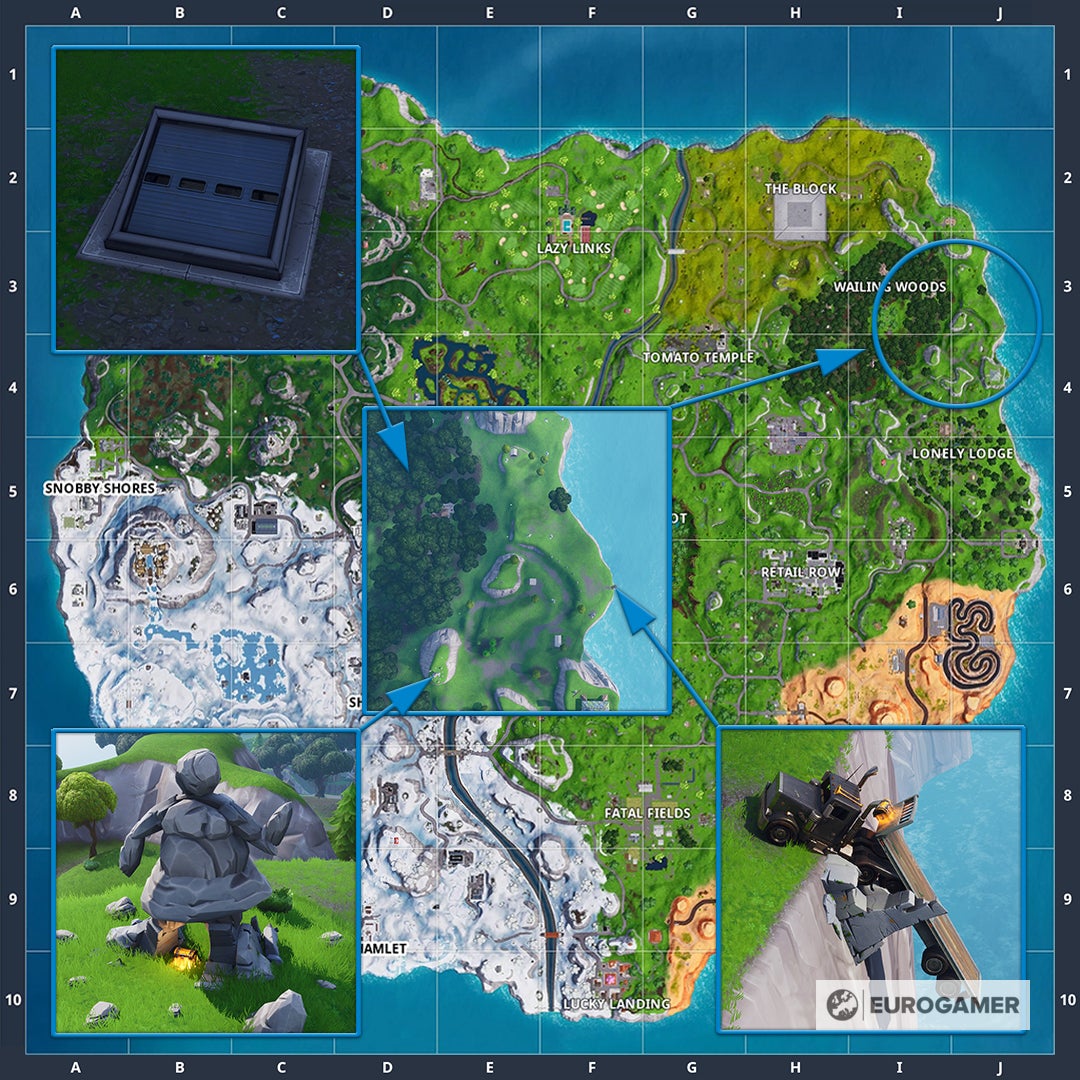 Fortnite Suche zwischen Luke, Steinfrau und Tieflader Karte mit