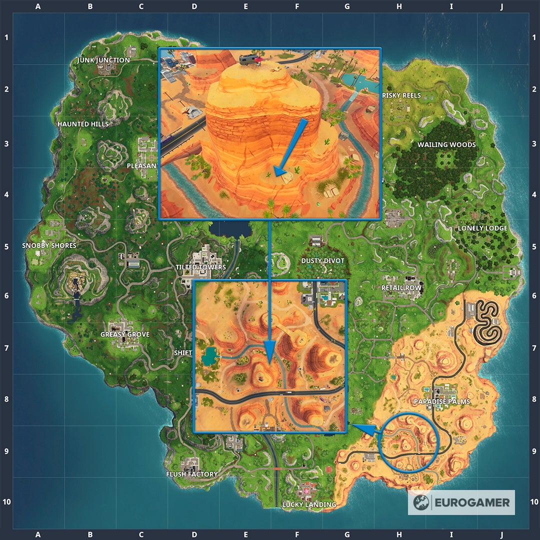 Fortnite Suche zwischen einer Oase, einem Felsbogen und Dinosauriern