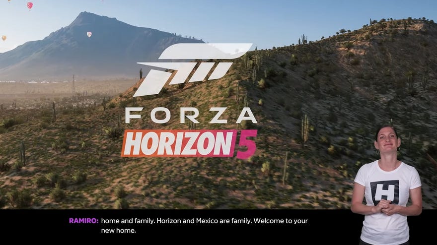 A sign language interpreter in the bottom right of the screen in a Forza Horizon 5 cinematic showing the new Mexico setting.