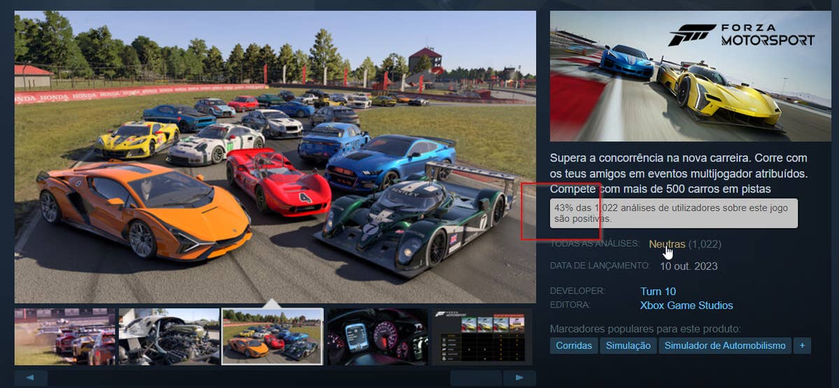 Forza Motorsport com péssimas notas no Steam e Loja Xbox