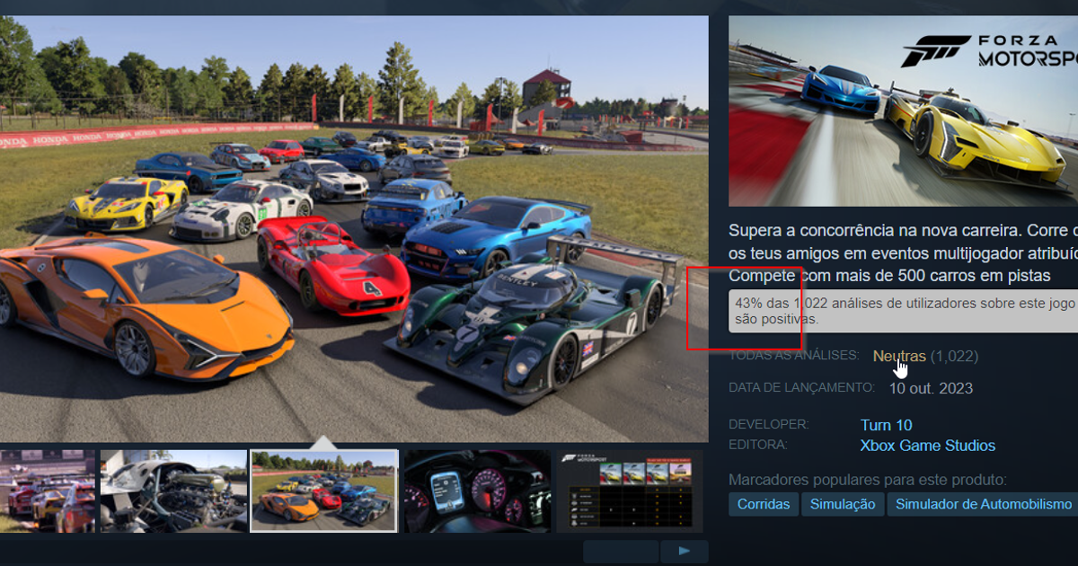 Forza Motorsport com péssimas notas no Steam e Loja Xbox