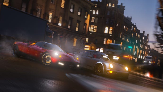 Drifting through the streets of Edinburgh in a Forza Horizon 4 screenshot.