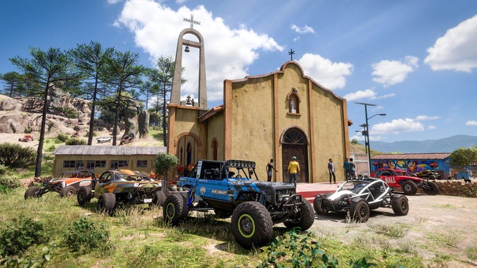 Different types of cars parked in front of a village church in rural Mexico in Forza Horizon 5