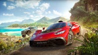 Forza Horizon 5's new cover art, featuring a Corvette sports car and a Ford Bronco against a summery background of beach and jungle.