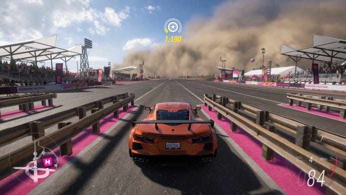 A car racing down a runway in Forza Horizon 5, showing the High graphics setting.