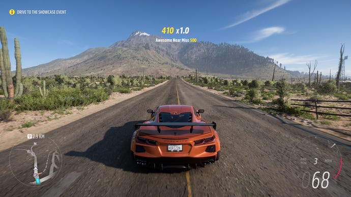 A supercar approaching some hills in Forza Horizon 5.