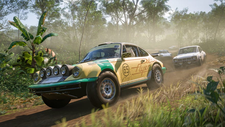 Racing through woodland in a Forza Horizon 5 screenshot.