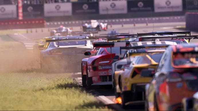 Forza Motorsport promotional screenshot showing a clogged up race of dozens of multicoloured cars up against the edge of the track