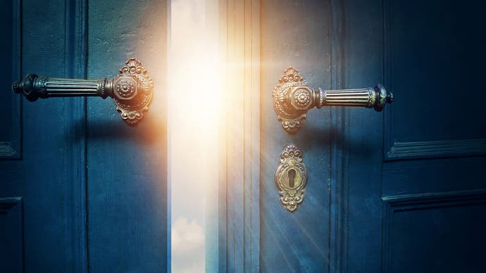 A close-up image of a door being opened. It's a decorative blue door with ornate brass handles and lock. Through the middle of the door beams the light of a bright sun.