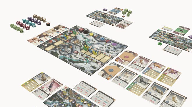 An image of the components for The Fox Experiment board game.