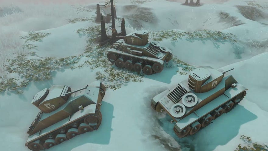 Tanks in the snow in a frame from Foxhole's Winter Army update trailer.