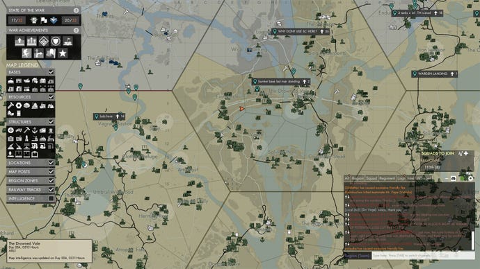 Un écran de carte hexagonale d'un champ de bataille à Foxhole