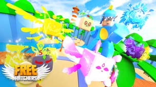 Image showing characters in Roblox game Free Hatchers, including a typical Roblox human character and a selection of Pets.
