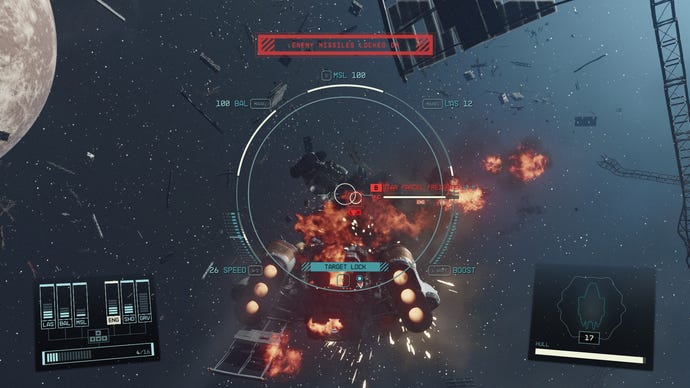An image of a freighter shooting rockets at the player's spaceship in Starfield.