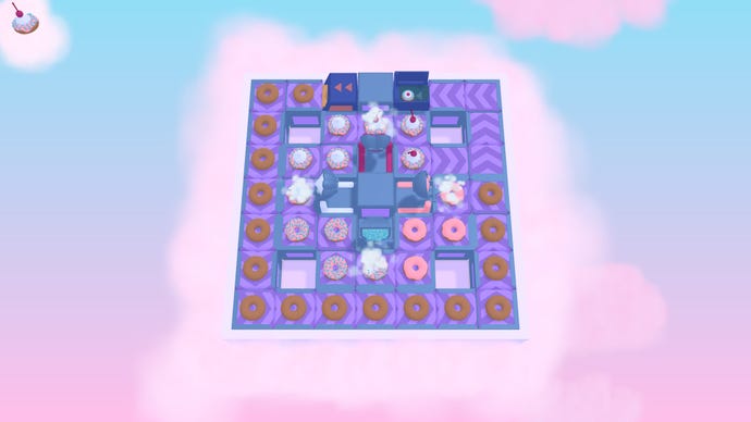A factory floor in Freshly Frosted. Donuts are leaving ovens and heading along conveyor belts to be iced in pink icing, and have cream and sprinkles added