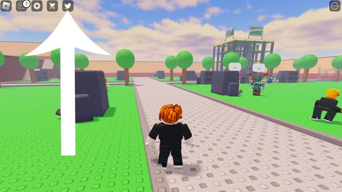 Image showing gameplay of Roblox game Friday Night Bloxxin with an arrow pointing at the button players need to press to redeem a code.