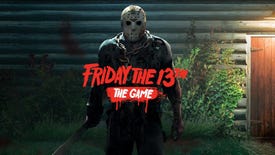 Jason Vorhees in hockey mask with text 'Friday The 13th: The Game" overlaying in red