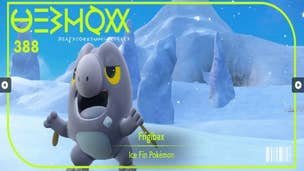 Frigibax location in Scarlet and Violet: A fantasy creature with icy claws and oblong yellow eyes is standing in a snowy field