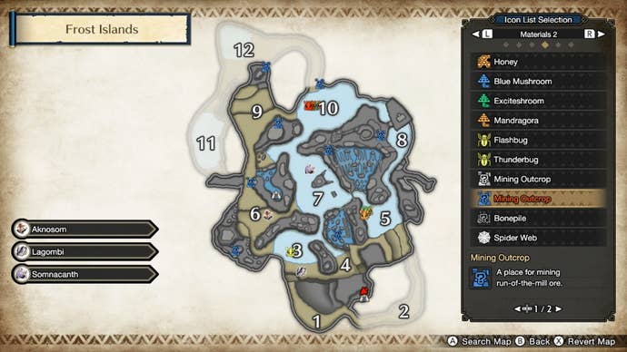 A map showing Frost Island's blue mining outcrops