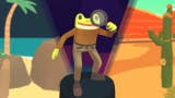 Artwork showing Frog Detective's detective (a frog) stood atop a low plinth, a magnifying glass raised to one eye. Behind him, the scene is split in three: a night-time tropical island to the left, a dusty desert and cactus to the right, and a mysterious purple location directly behind him.