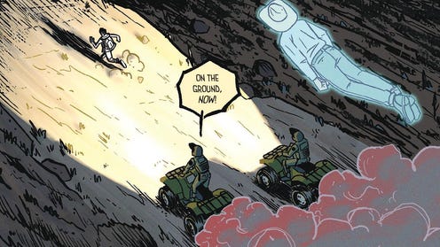 comics panel featuring a boy running away from two men on motorcycles at night, with a ghost floating over them