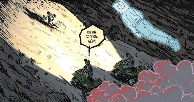 comics panel featuring a boy running away from two men on motorcycles at night, with a ghost floating over them