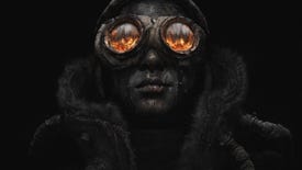 A person covered in oil looks beyond the viewpoint of the screenshot and a burning generator is reflected in their goggles in Frostpunk 2