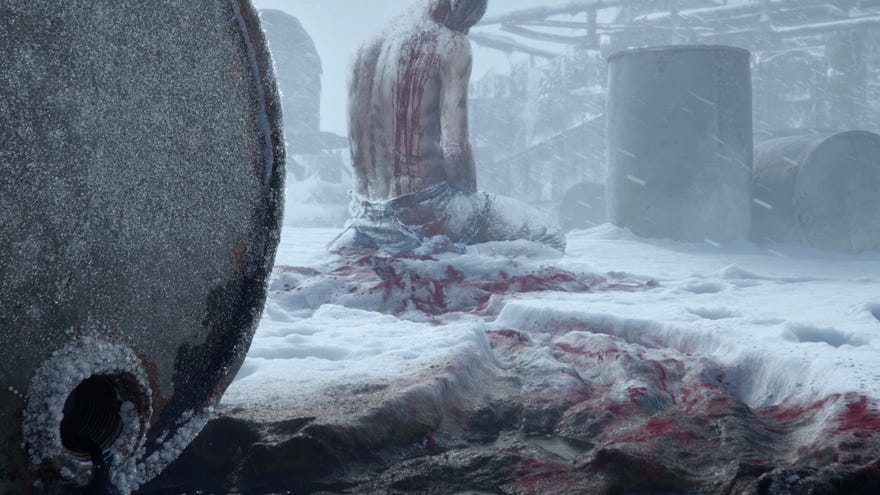 A bloody man frozen in the snow amidst oil barrels in the teaser trailer for the next game from Frostpunk developers 11 Bit Studios.