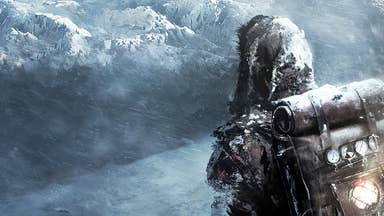 An image taken from a Frostpunk wallpaper. We see over the shoulder of an explorer wrapped in warm winter wear, standing in a frozen landscape, caked in snow. They are looking out onto a city in a distance. Hope - perhaps.